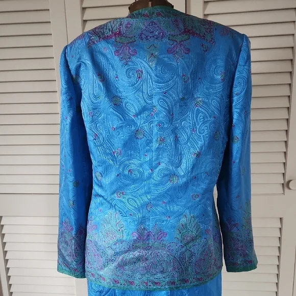 Vintage Blue Silk And Linen Suit Set Floral Paisley Pattern With Sparkly Buttons - Picture 7 of 15